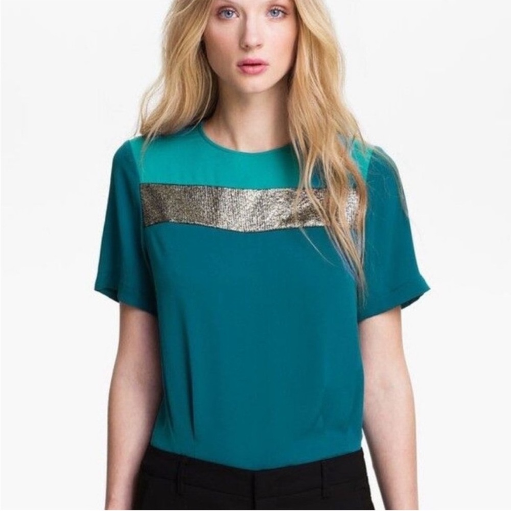 DIANE VON FURSTENBURG DVF ‘Darla’ Teal & Silver Silk Blouse | Size 2